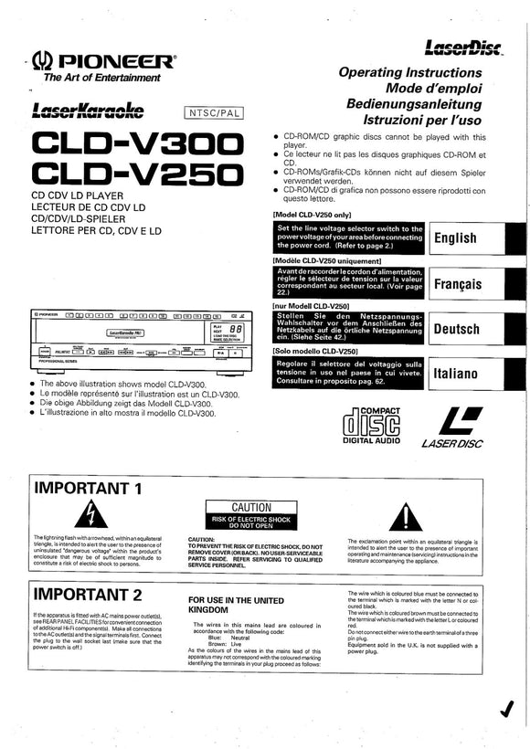 PIONEER CLD-V250 Laser Disc Player Owners Instruction Manual