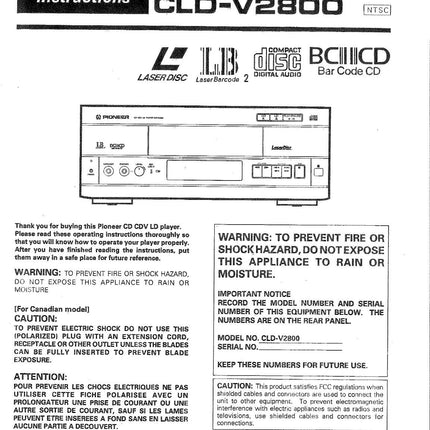 PIONEER CLD-V2800 Laser Disc Player Owners Instruction Manual