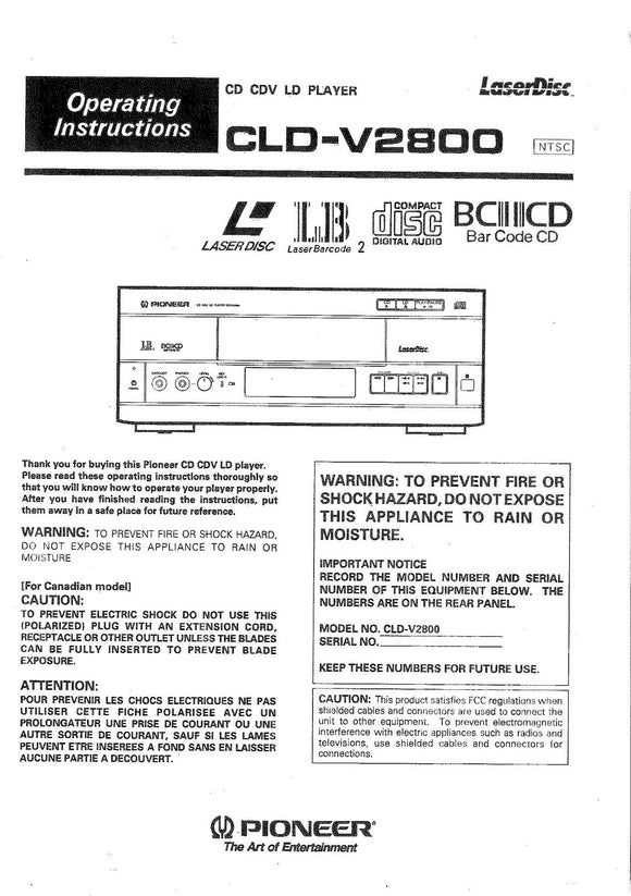 PIONEER CLD-V2800 Laser Disc Player Owners Instruction Manual