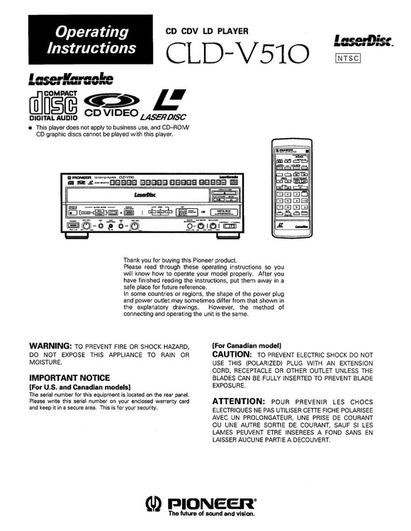 PIONEER CLD-V510 Laser Disc Player Owners Instruction Manual