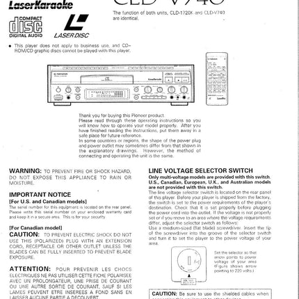 PIONEER CLD-V740 Laser Disc Player Owners Instruction Manual