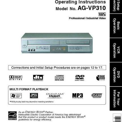 Panasonic AG-VP310 DVD VCR Combo User Instruction Manual