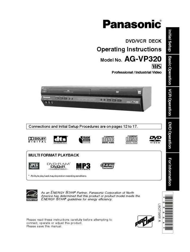 Panasonic AG-VP320 DVD VCR Combo User Instruction Manual