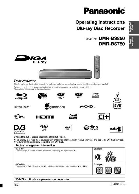 DMR-BS750  DMR-BS850 DVD Recorder Owners Instruction Manual