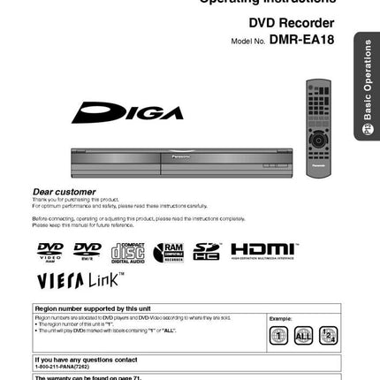 DMR-EA18 DVD Recorder Owners Instruction Manual