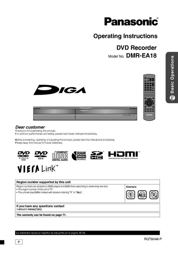 DMR-EA18 DVD Recorder Owners Instruction Manual