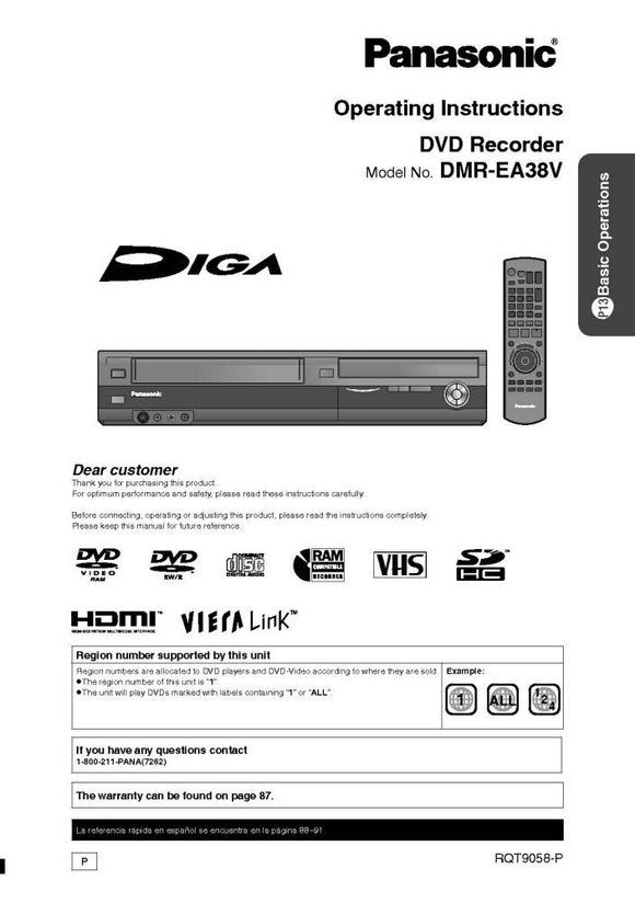 DMR-EA38V DVD Recorder Owners Instruction Manual