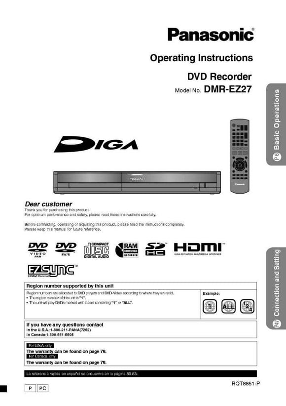 DMR-EZ27 DVD Recorder Owners Instruction Manual