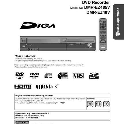 Paper Manual for the Panasonic DMR-EZ485V DVD Recorder.