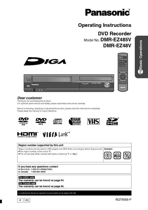 Paper Manual for the Panasonic DMR-EZ48V DVD Recorder.