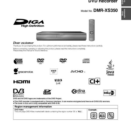 DMR-XS350 DVD Recorder Owners Instruction Manual