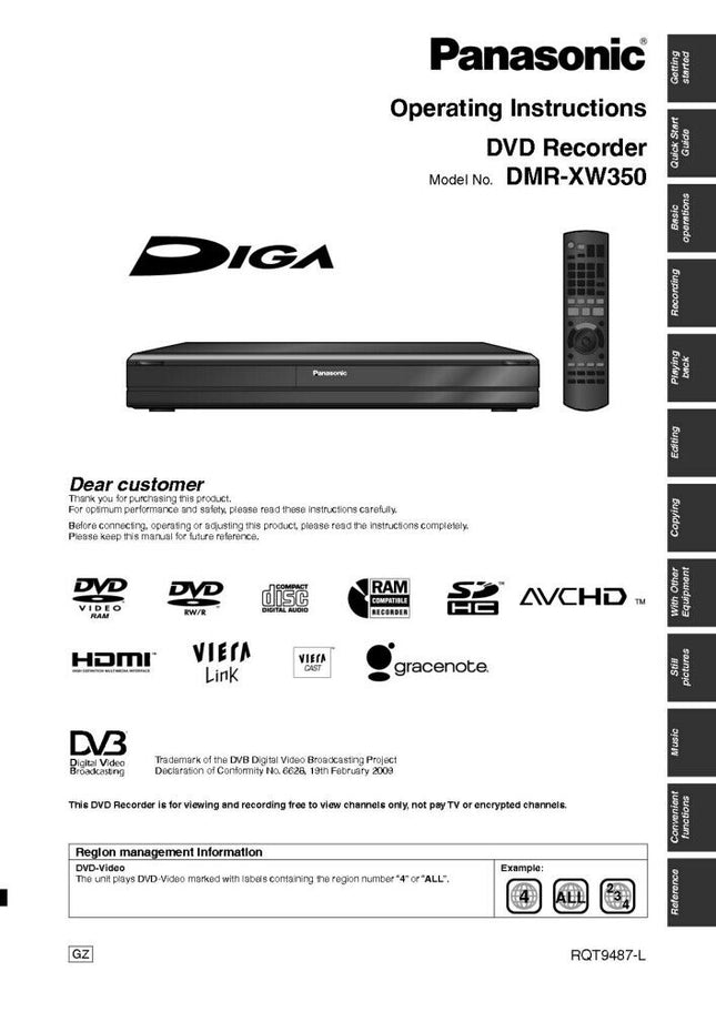 DMR-XW350 DVD Recorder Owners Instruction Manual