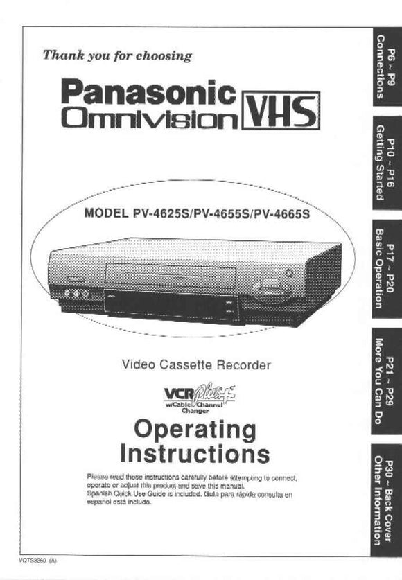 Panasonic PV-4625S VCR User Instruction Manual