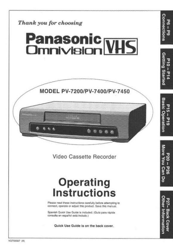 Panasonic PV-7200 VCR User Instruction Manual