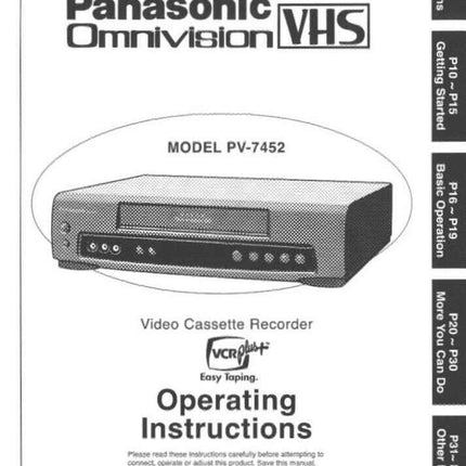 Panasonic PV-7452 VCR User Instruction Manual