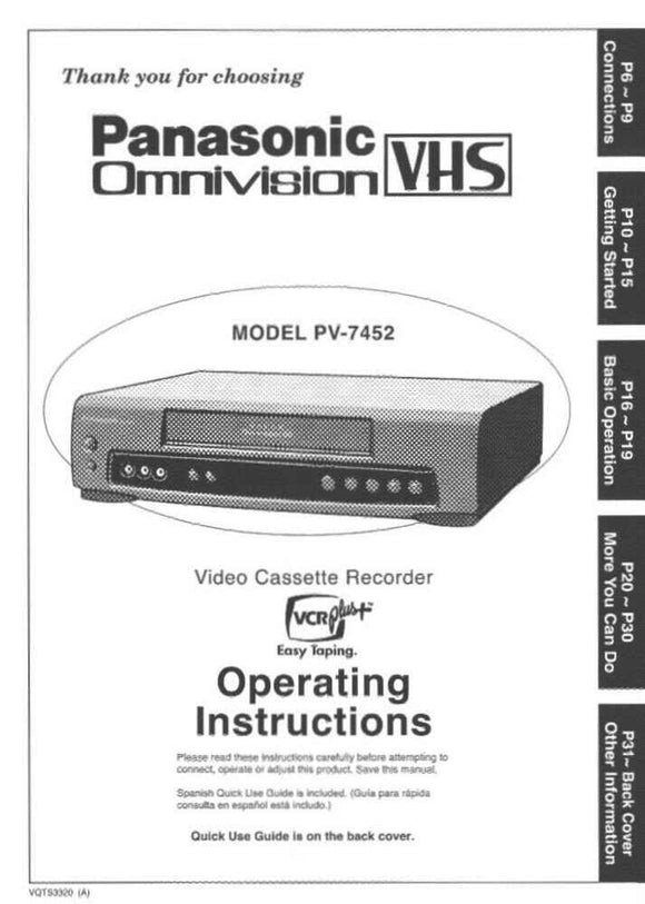 Panasonic PV-7452 VCR User Instruction Manual