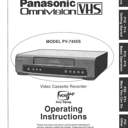Panasonic PV-7455S VCR User Instruction Manual
