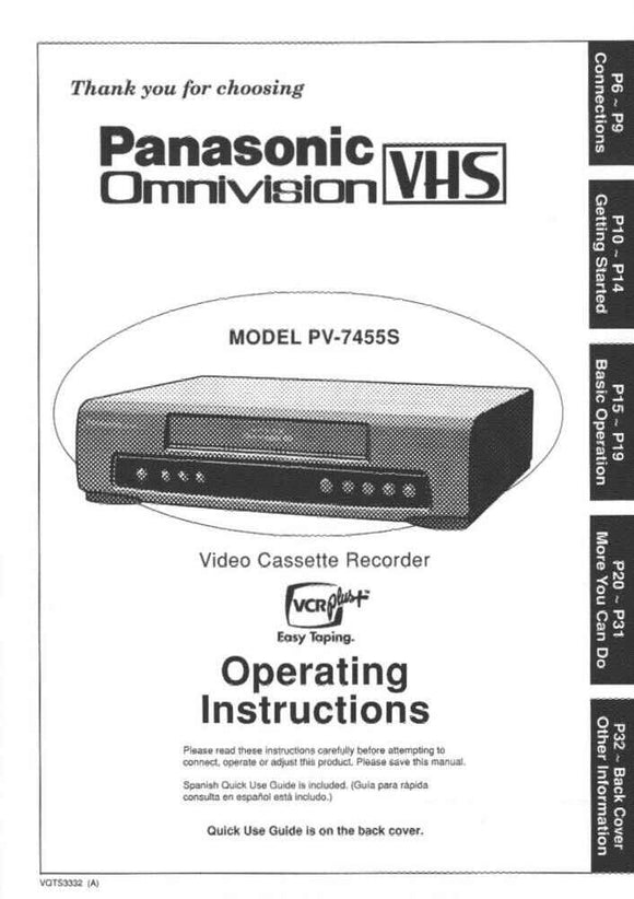 Panasonic PV-7455S VCR User Instruction Manual