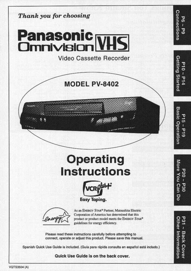 Panasonic PV-8402 VCR User Instruction Manual