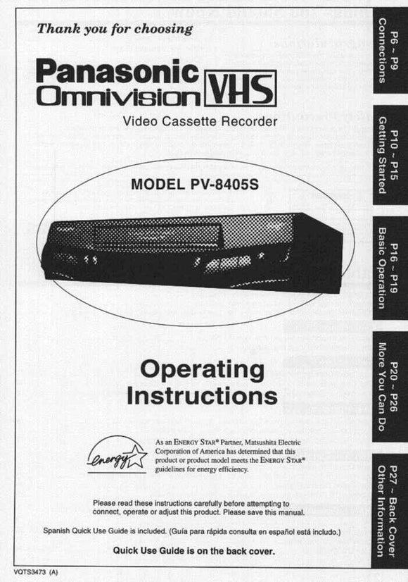 Panasonic PV-8405S VCR User Instruction Manual