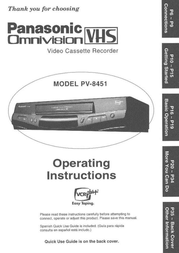 Panasonic PV-8451 VCR User Instruction Manual