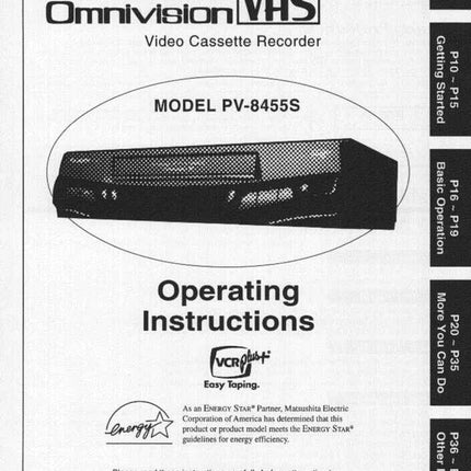 Panasonic PV-8455S VCR User Instruction Manual