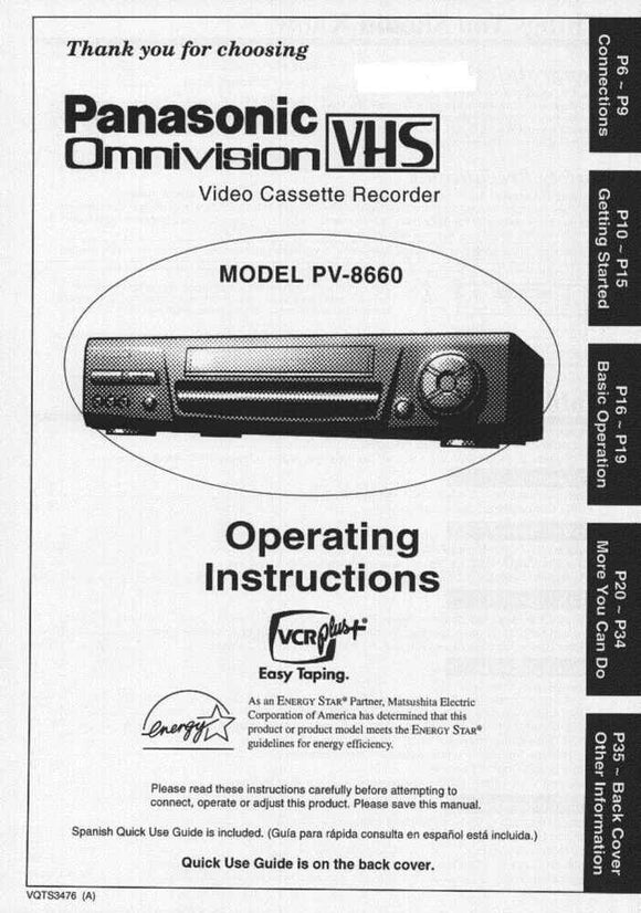 Panasonic PV-8660 VCR User Instruction Manual