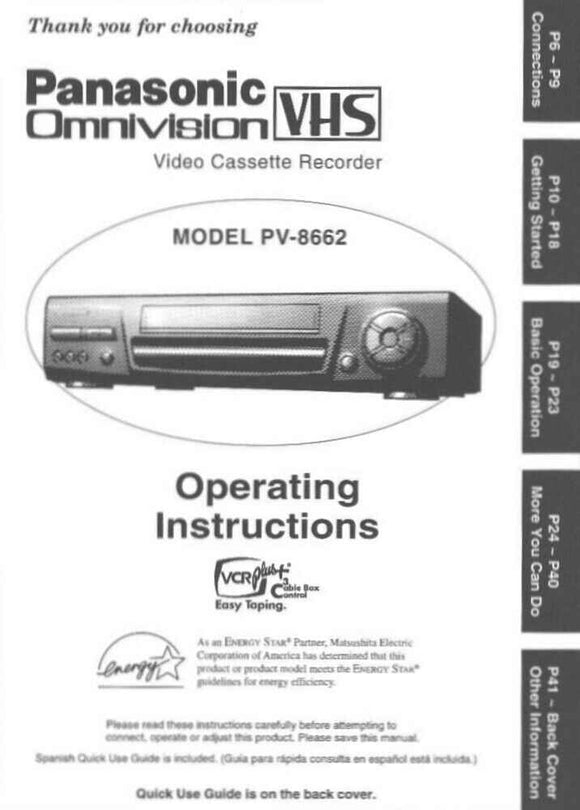 Panasonic PV-8662 VCR User Instruction Manual