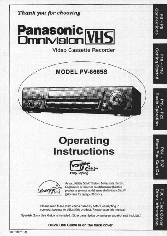 Panasonic PV-8665S VCR User Instruction Manual