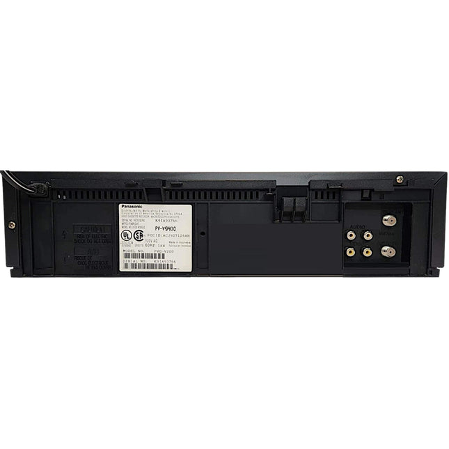 Back view of a black electronic device with branding and certification labels on a white background