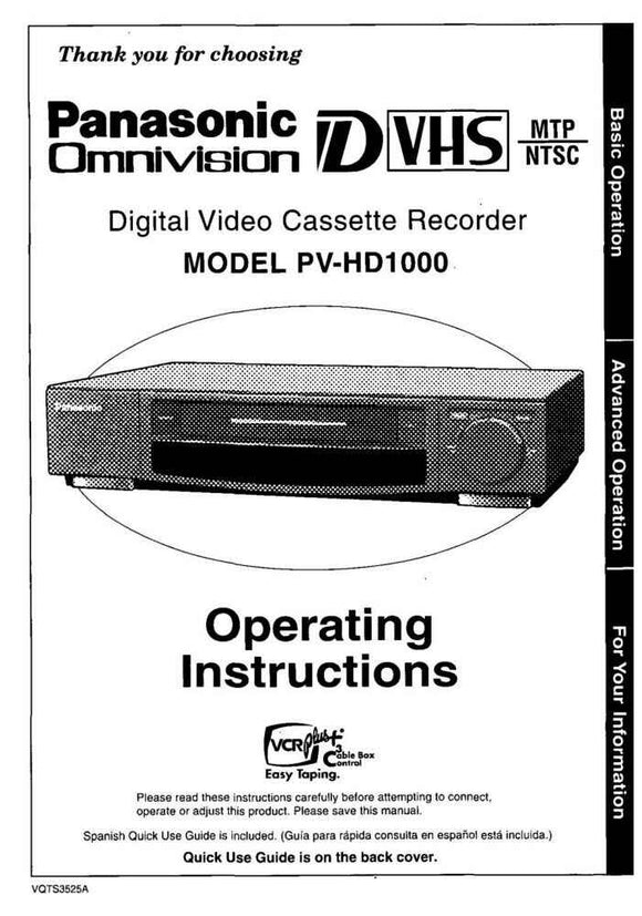 Panasonic PV-HD1000 VCR User Instruction Manual