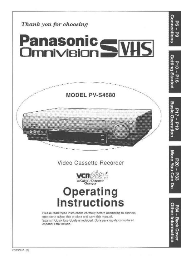 Panasonic PV-S4680 VCR User Instruction Manual