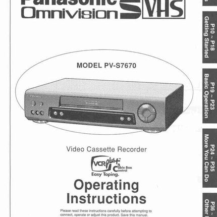 Panasonic PV-S7670 VCR User Instruction Manual