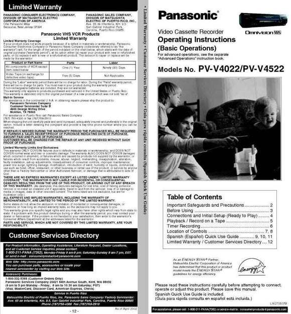 Panasonic PV-V4022 VCR User Instruction Manual