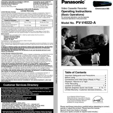 Panasonic PV-V4022A VCR User Instruction Manual