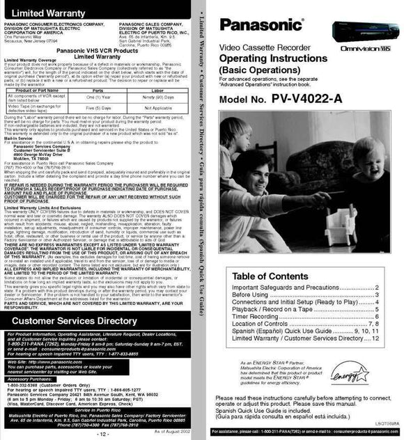 Panasonic PV-V4022A VCR User Instruction Manual