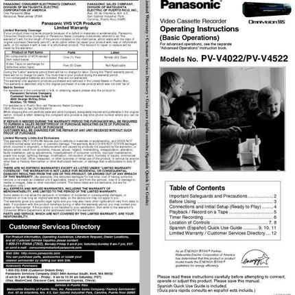 Panasonic PV-V4522 VCR User Instruction Manual