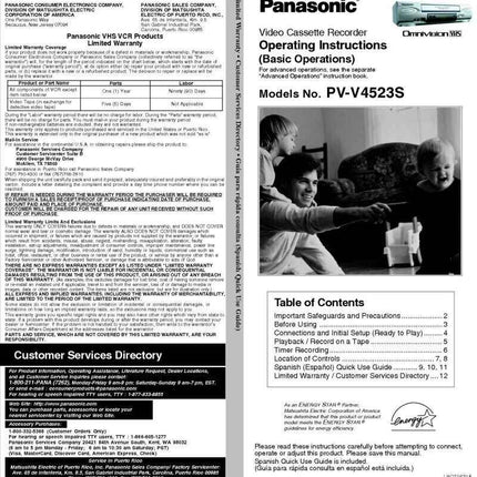 Panasonic PV-V4523S VCR User Instruction Manual