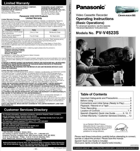 Panasonic PV-V4523S VCR User Instruction Manual