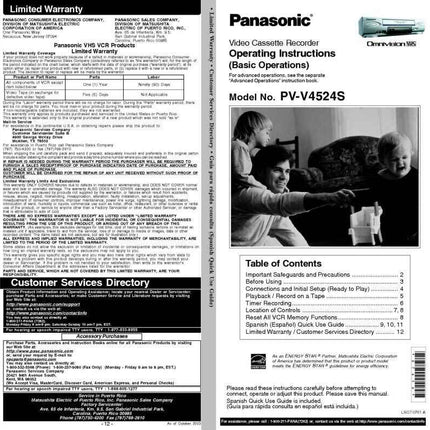 Panasonic PV-V4524S VCR User Instruction Manual