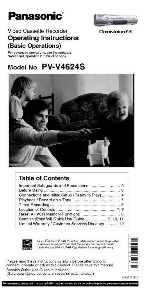 Panasonic PV-V4624S VCR User Instruction Manual