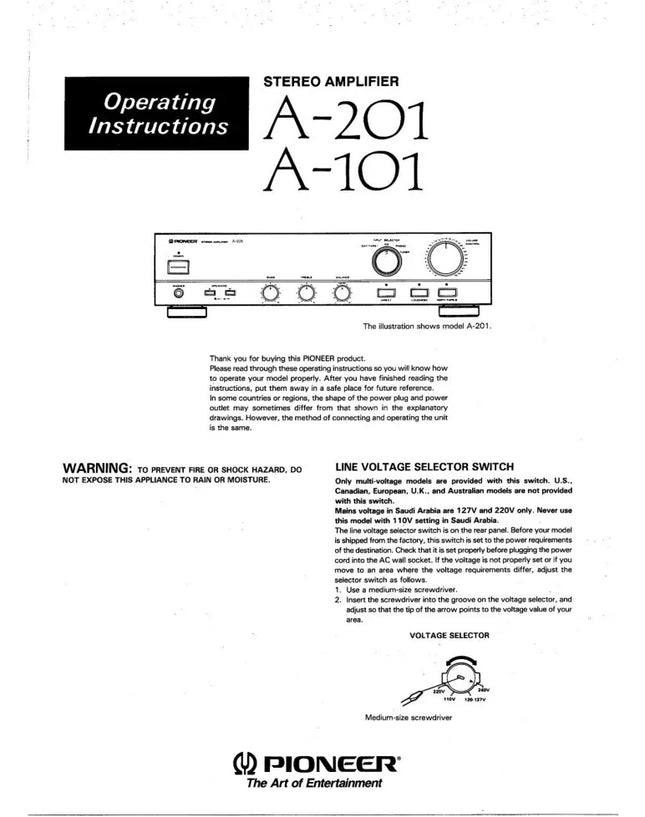 Pioneer A-101 Amplifier Owners Manual