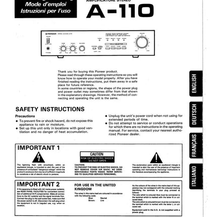 Pioneer A-110 Amplifier Owners Manual