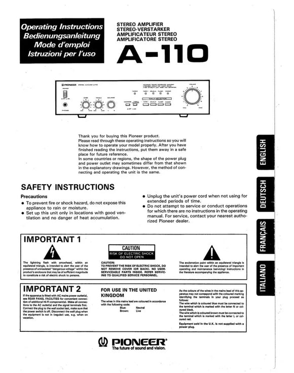 Pioneer A-110 Amplifier Owners Manual