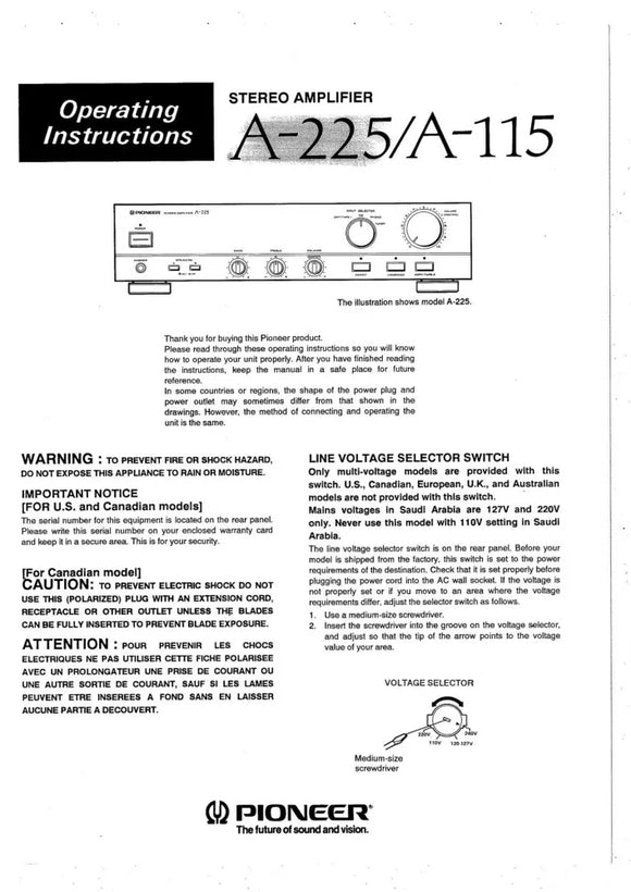 Pioneer A-115 Amplifier Owners Manual