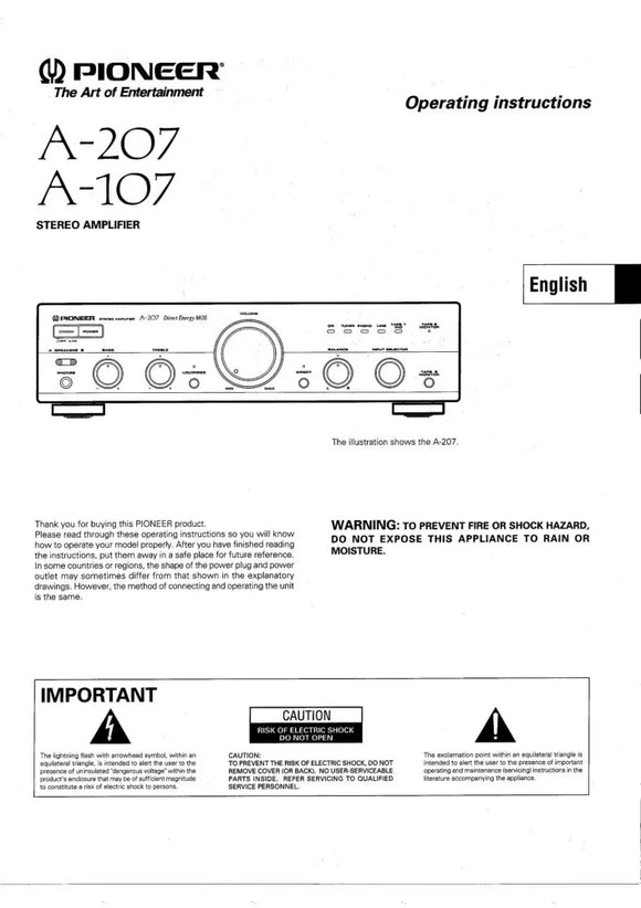 Pioneer A-207 Amplifier Owners Manual