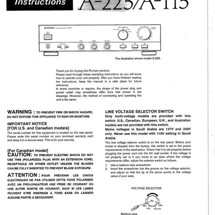 Pioneer A-225 Amplifier Owners Manual