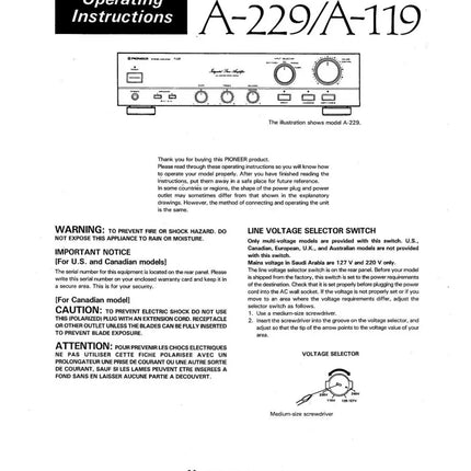 Pioneer A-229 Amplifier Owners Manual