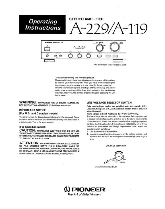 Pioneer A-229 Amplifier Owners Manual