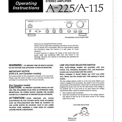 Pioneer A-255 Amplifier Owners Manual